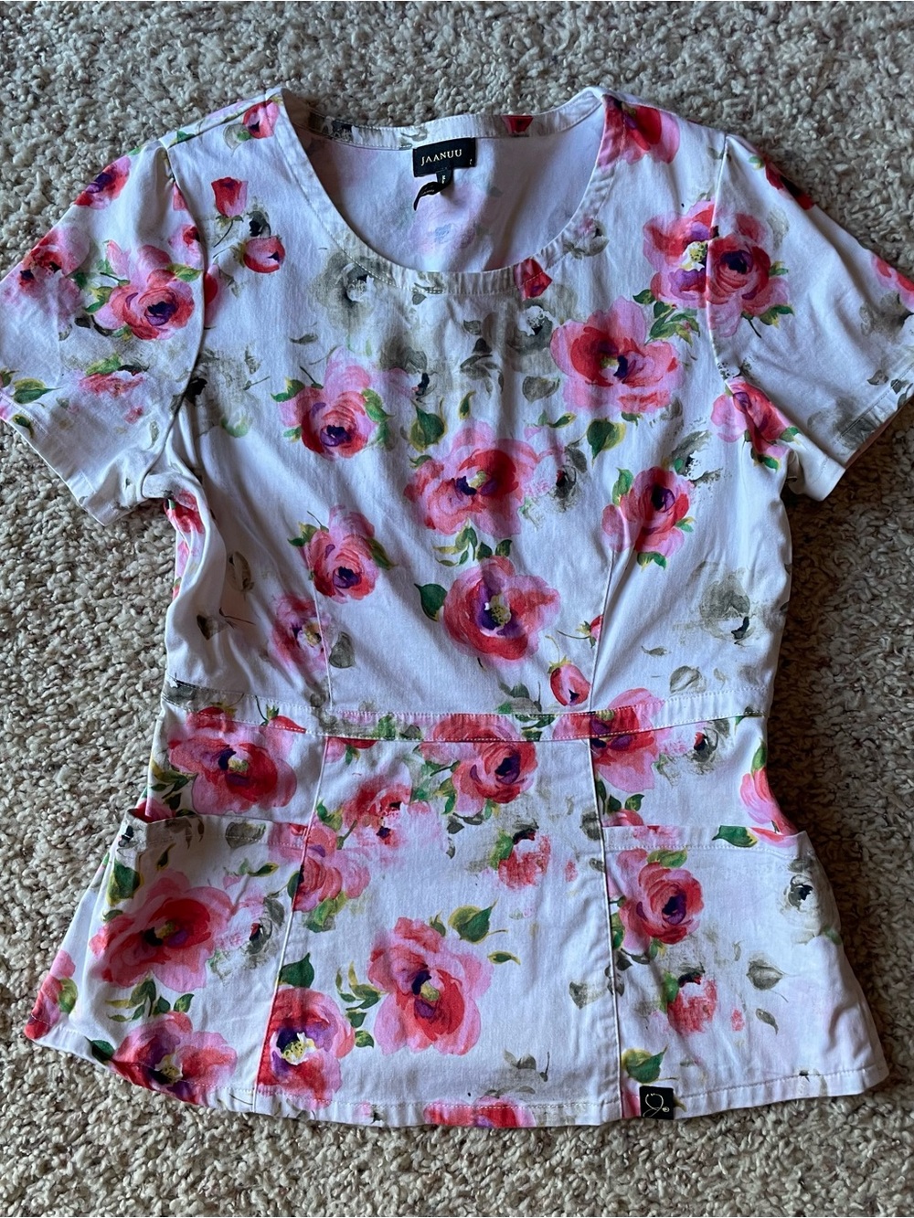 JAANUU White Floral Peplum Short-Sleeve Top Size Small